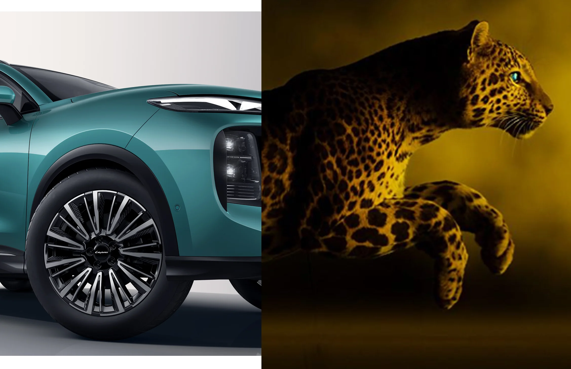 Lepas SUV alongside a leopard, reflecting the brand's nature-inspired design
